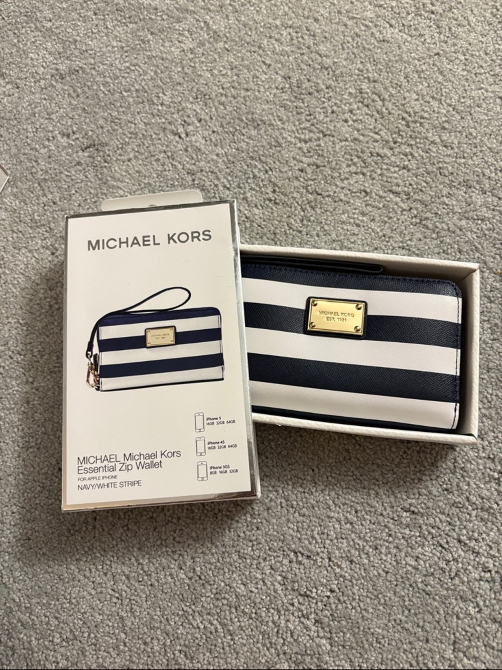 Michael Kors Navy and White Striped Zip-Around Wallet with Gold Plate